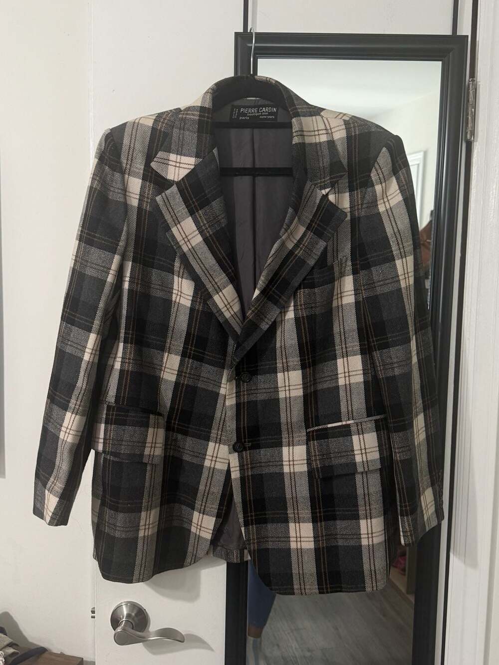 Pierre Cardin Vintage Boutique Line Plaid Wool Blazer Jacket Grey Black White